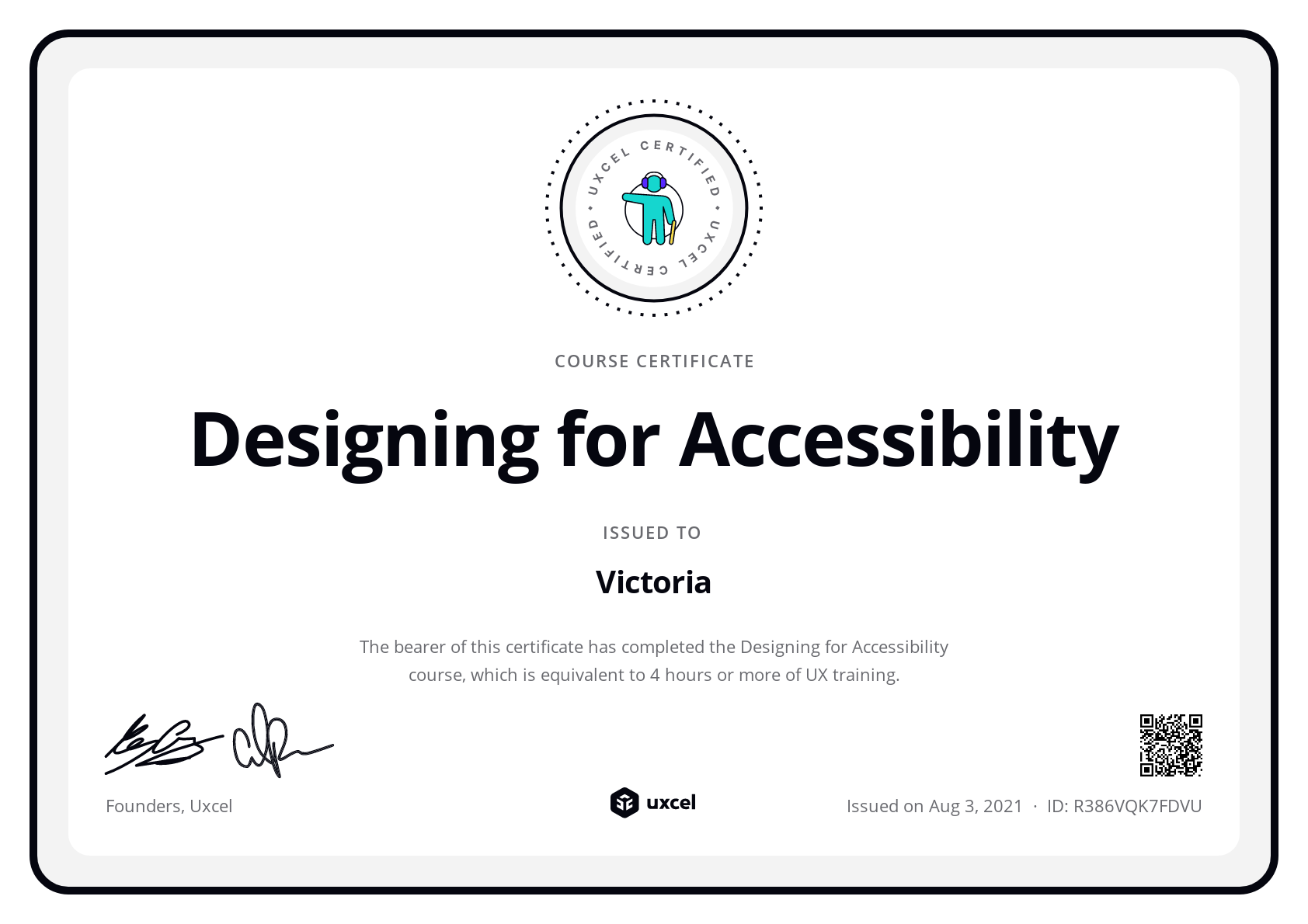 Victoria Alomoto's certificate